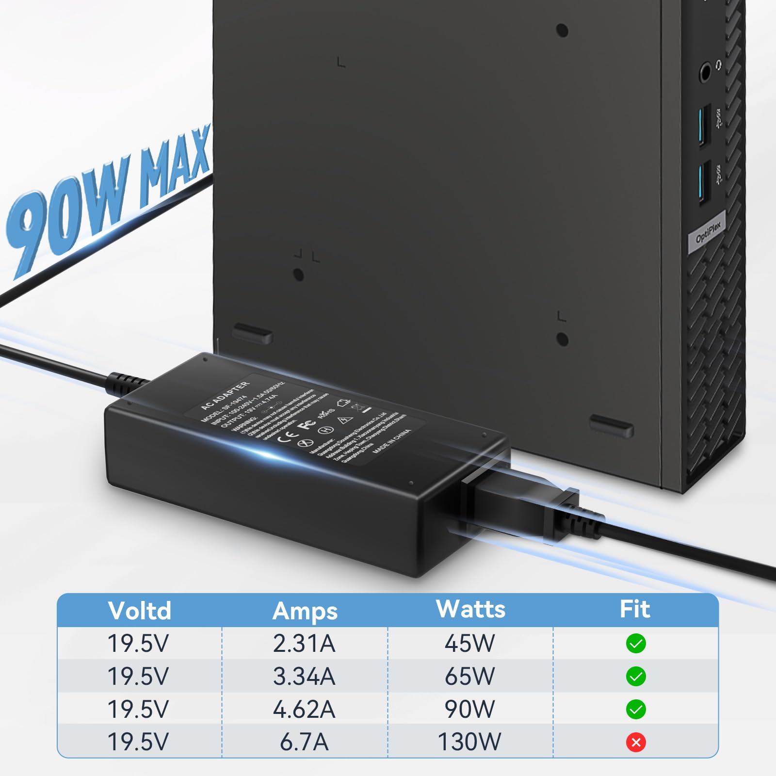 90W AC Charger Adapter for Dell Optiplex 9020 7050 7010 7040 3050